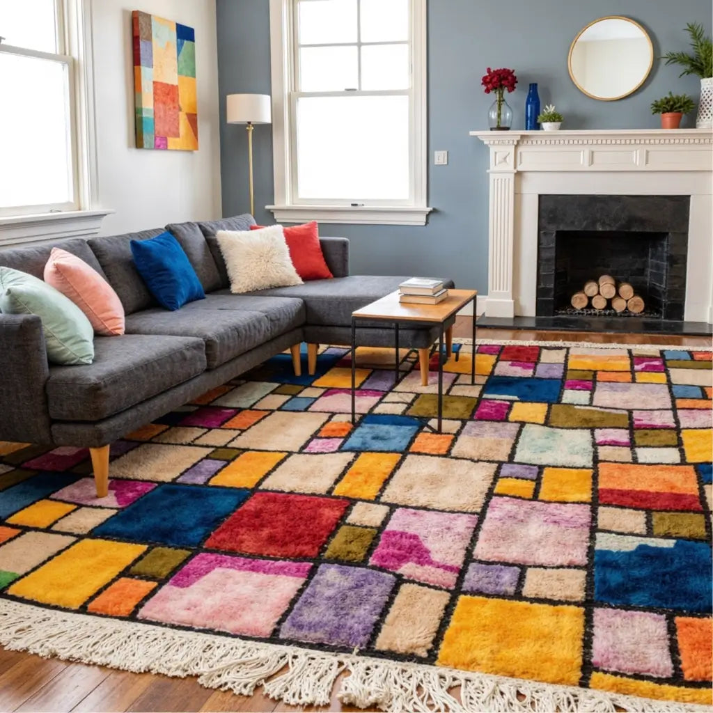 Patchwork Color Block Rug – Handwoven Rainbow Wool Design image 3