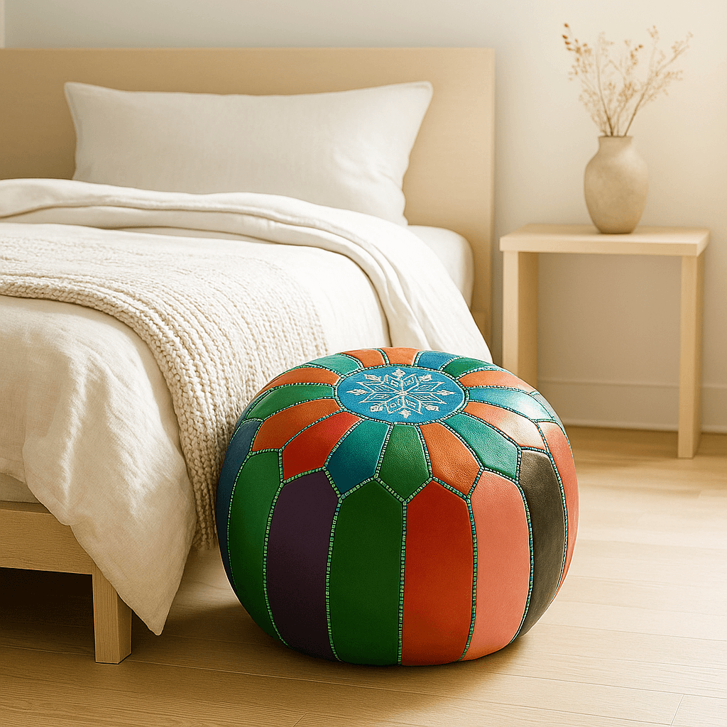 Rainbow Patchwork Leather Floor Ottoman 21″ – Snowflake Round Pouf image 4