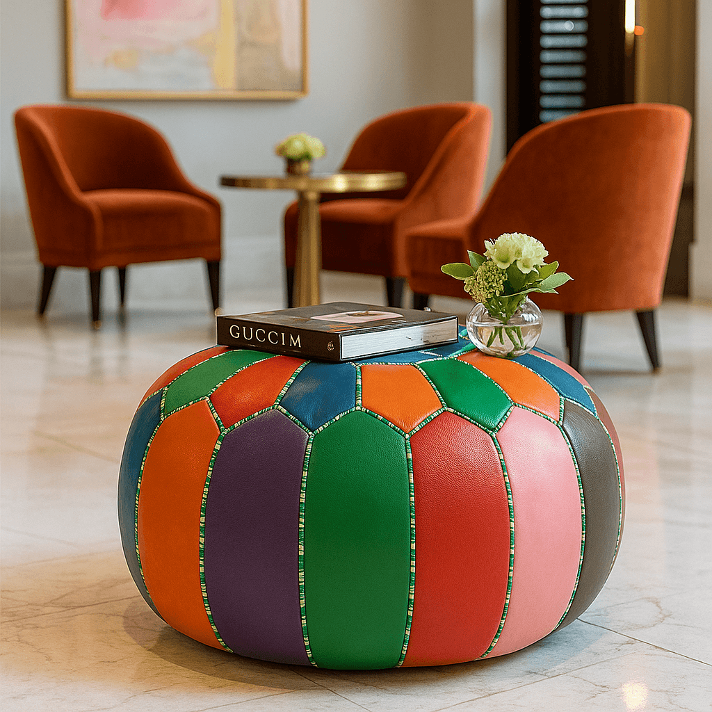 Rainbow Patchwork Leather Floor Ottoman 21″ – Snowflake Round Pouf image 7