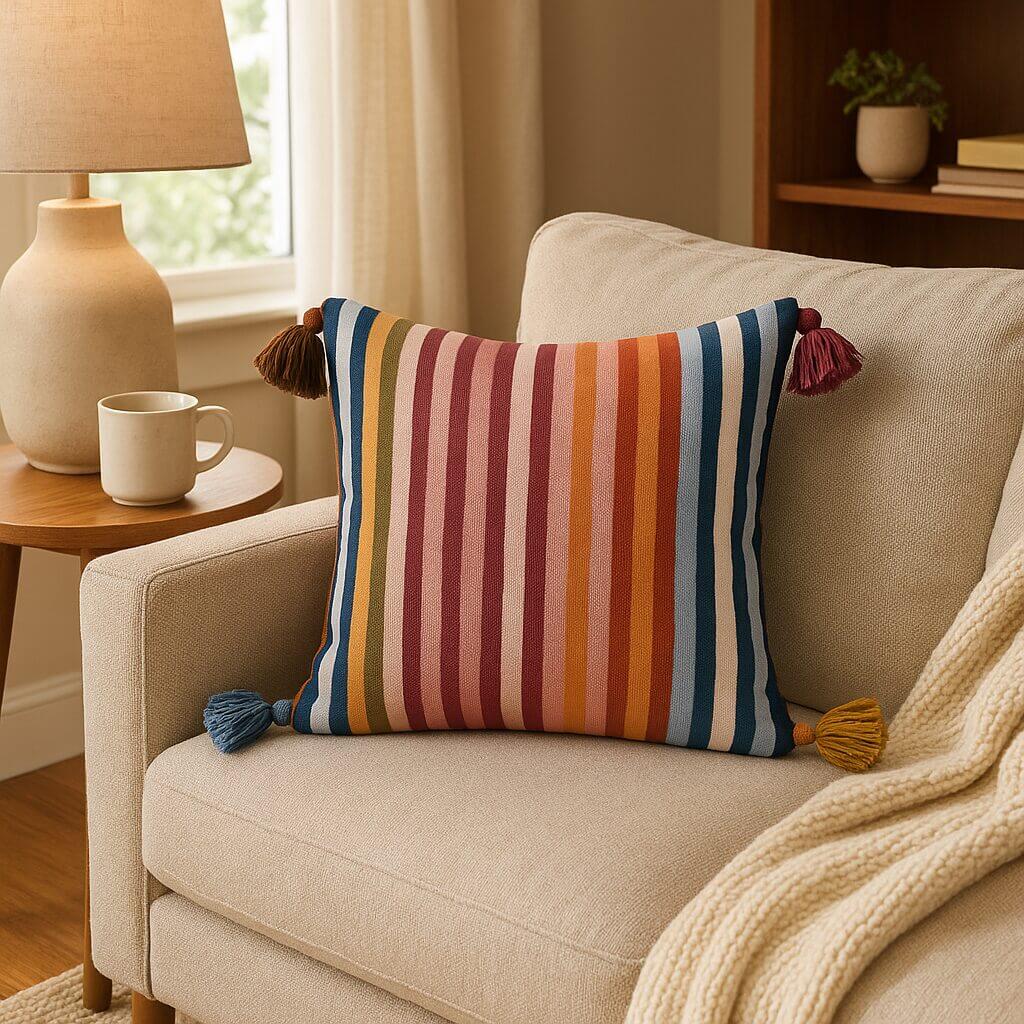 Vibrant Striped Cotton Cushion Covers with Corner Tassels – Set of 2 image 3