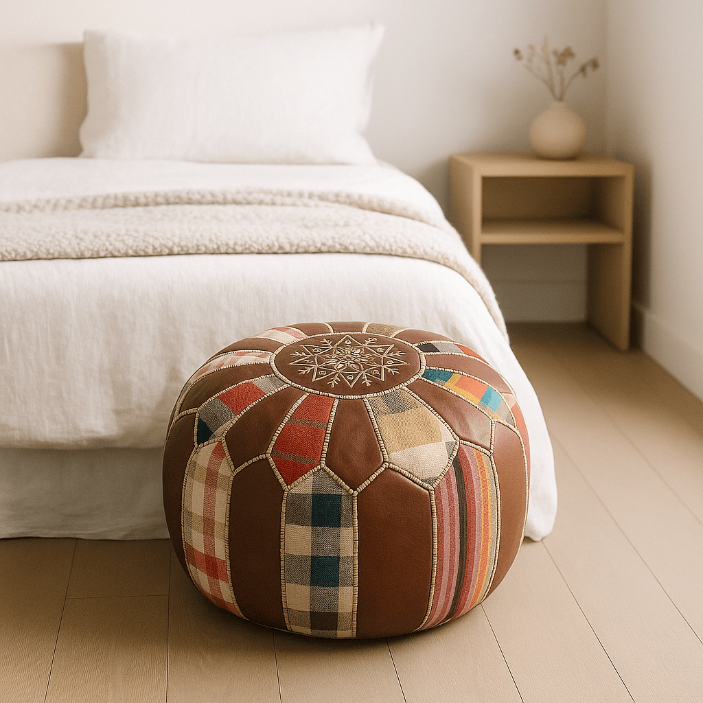 Handcrafted Leather Round Ottoman 21″ – Patchwork Floor Pouf image