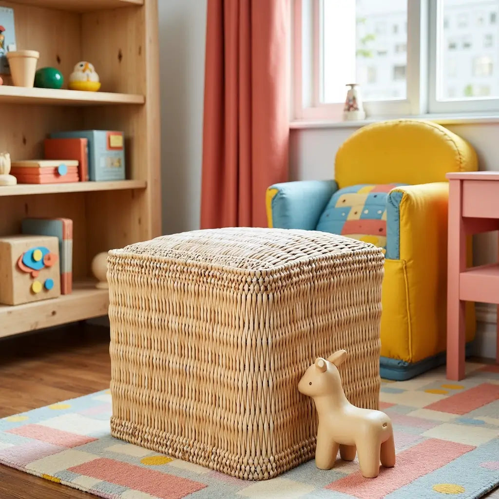 Handwoven Square Straw Ottoman Pouf – Natural Fiber Indoor/Outdoor Footstool image 4