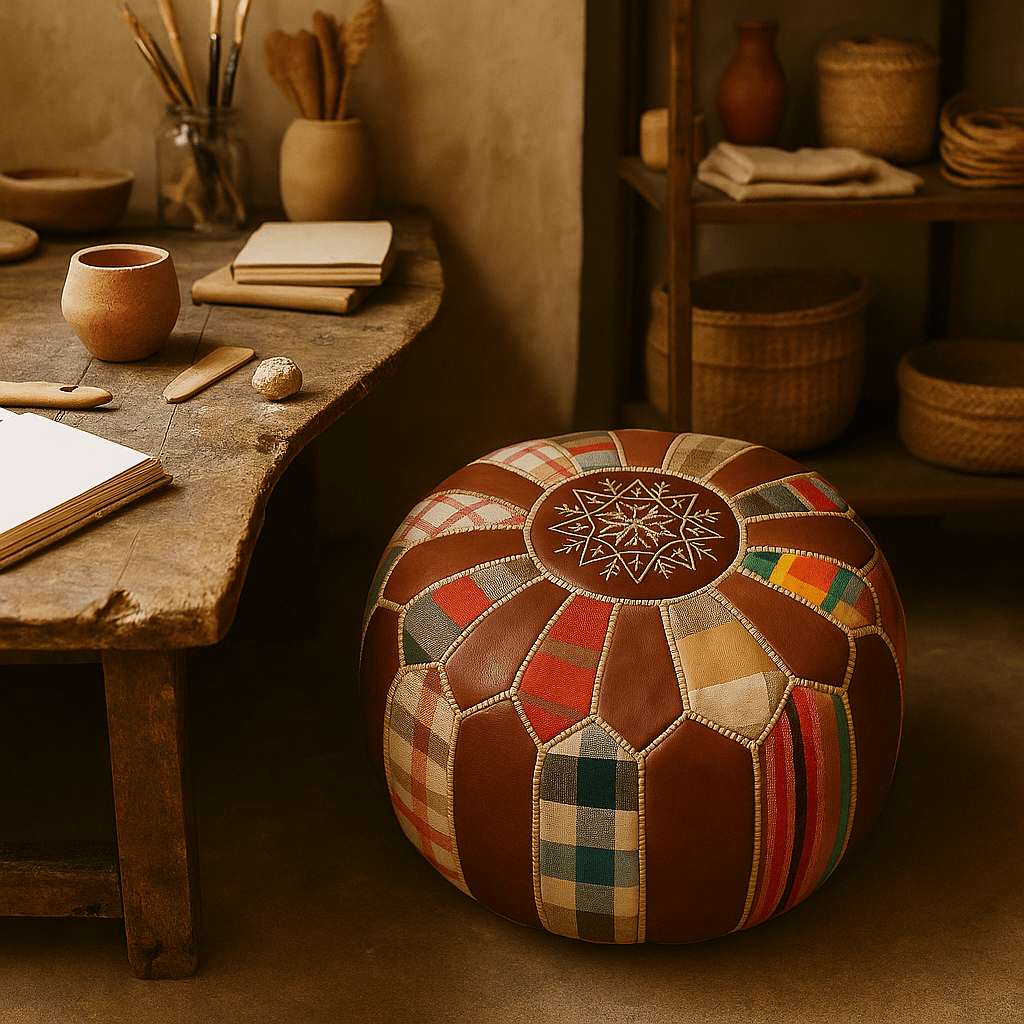 Handcrafted Leather Round Ottoman 21″ – Patchwork Floor Pouf image 3