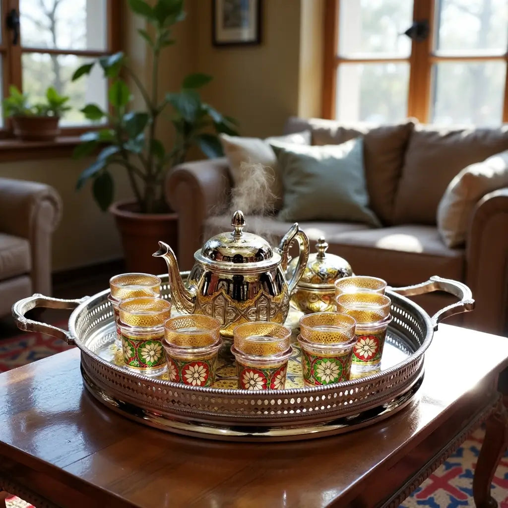 Silver Engraved Tea Set Large – Handcrafted 12 Glass Serving Collection image