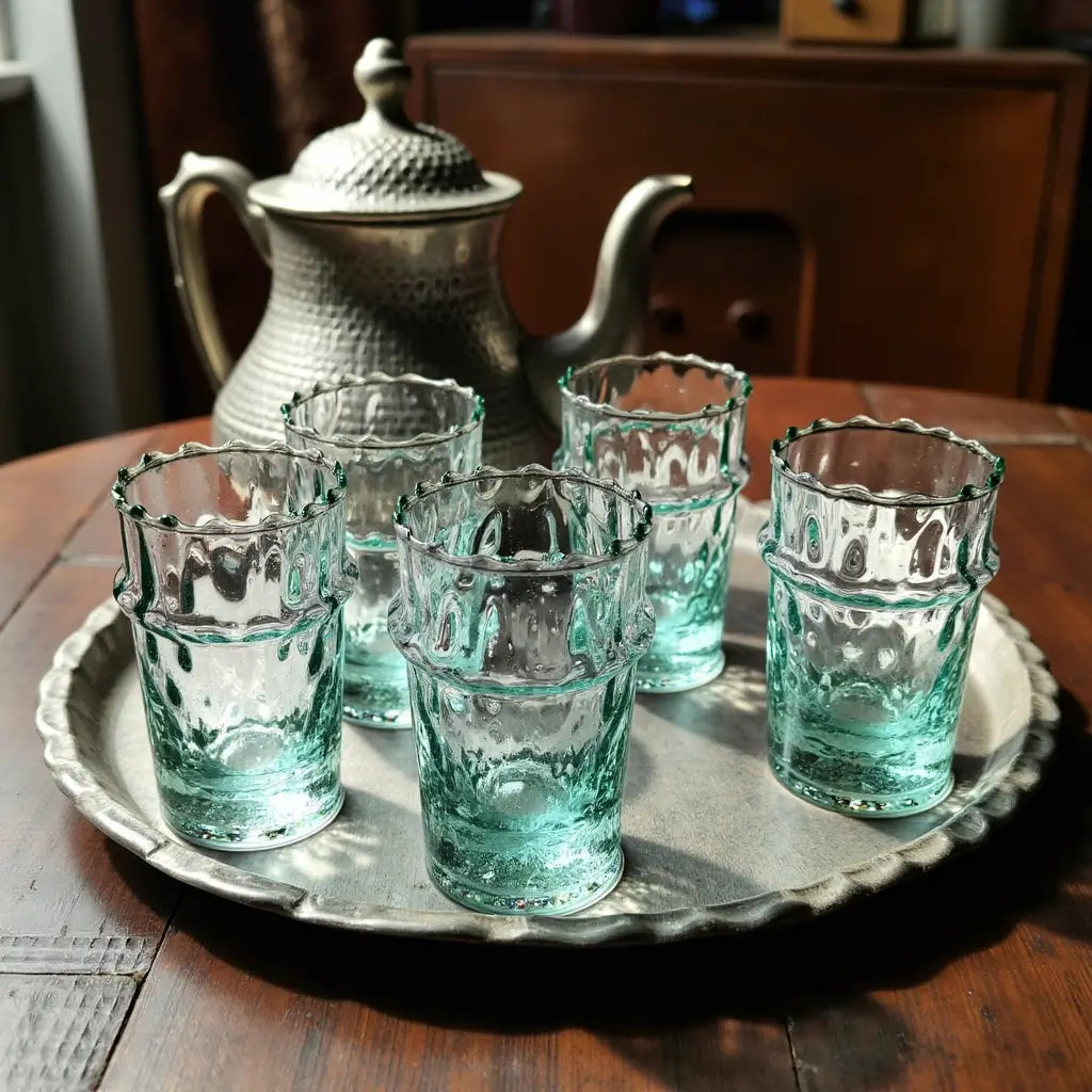 Traditional Handblown Diamond Pattern Tea Glasses – Blue-Green Set of 6 image 4