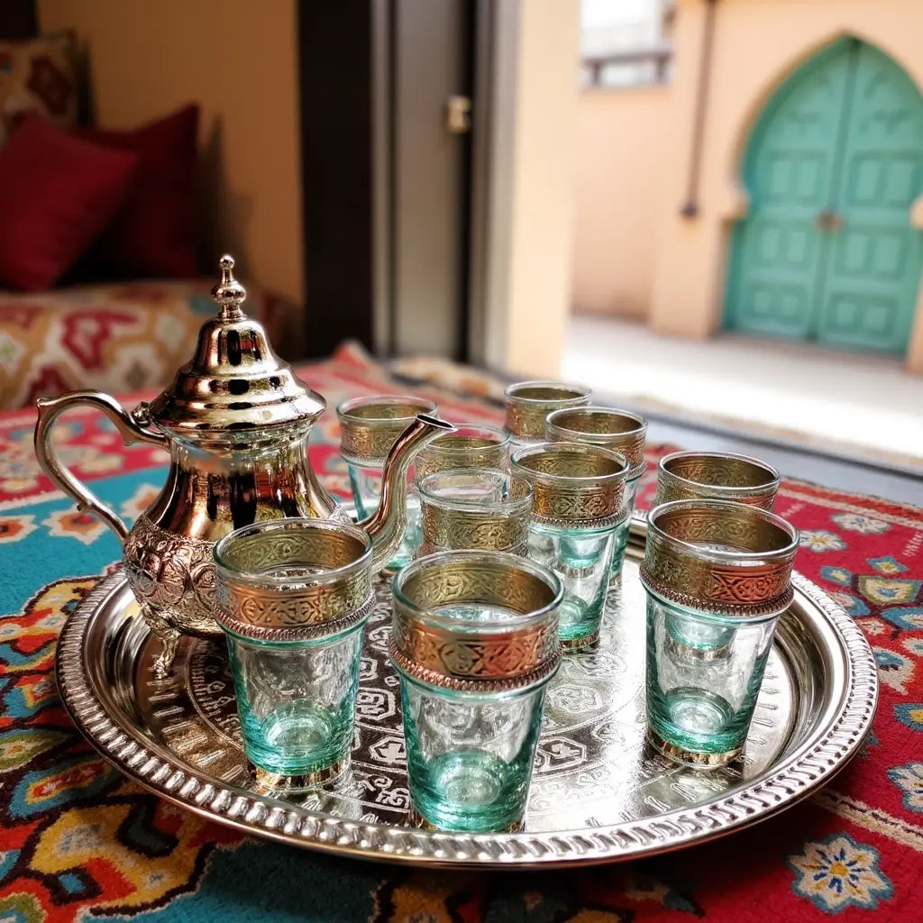 Silver Engraved Tea Set – 8-Piece Service with Turquoise Glass Holders image 4