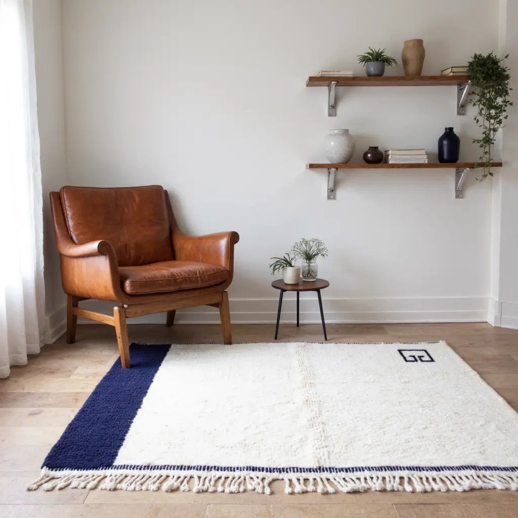 Modern Minimalist Wool Rug – Navy Border & Greek Key Design image 5