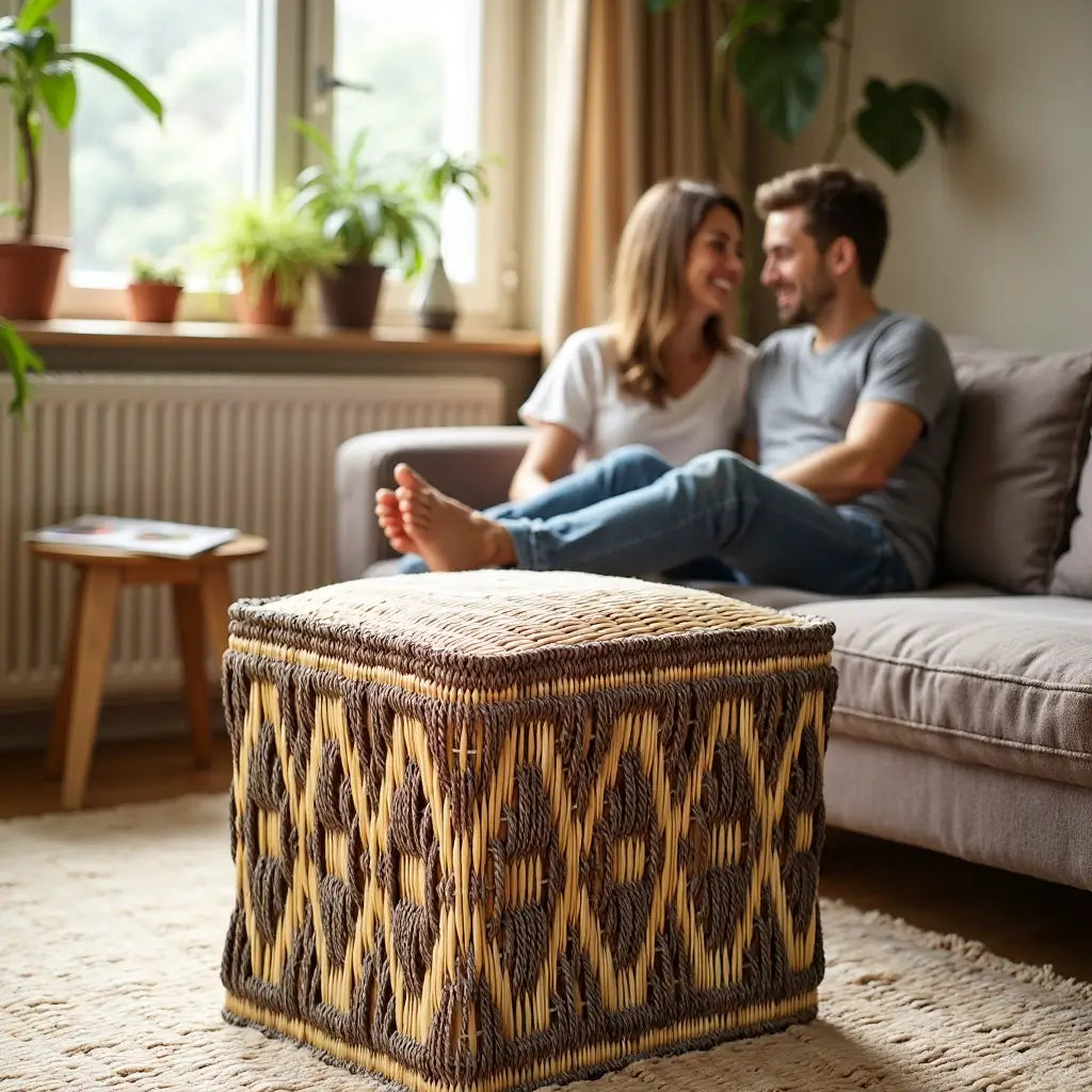 Handwoven Diamond Pattern Straw Floor Pouf – Versatile Natural Fiber Accent image 3