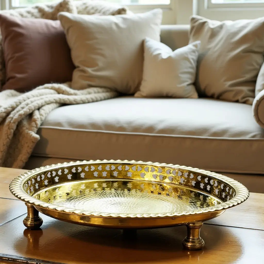 Hand Hammered Circle Tray with Feet – Traditional Silver-Plated Brass image 6