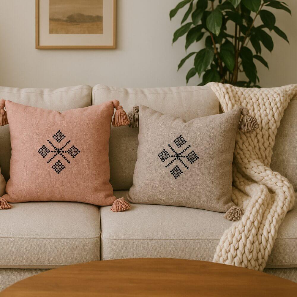 Boho Cotton Pillow Covers with Tassels & Geometric Embroidery (Set of 2) image 3