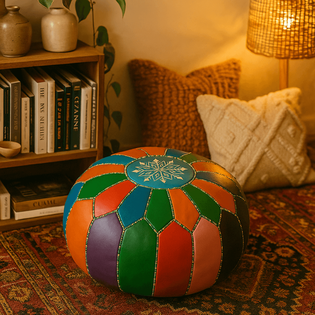 Rainbow Patchwork Leather Floor Ottoman 21″ – Snowflake Round Pouf image 6