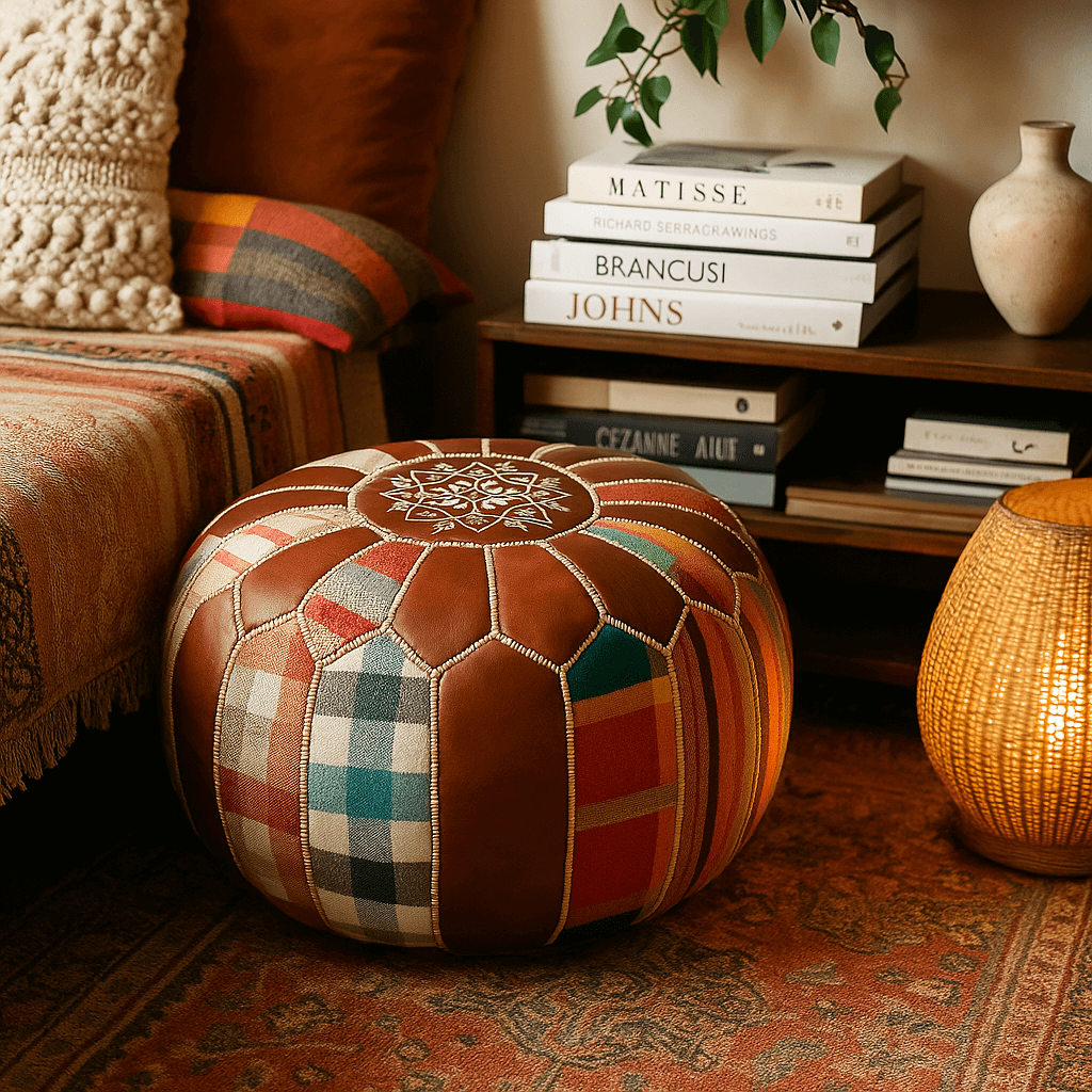 Handcrafted Leather Round Ottoman 21″ – Patchwork Floor Pouf image 6