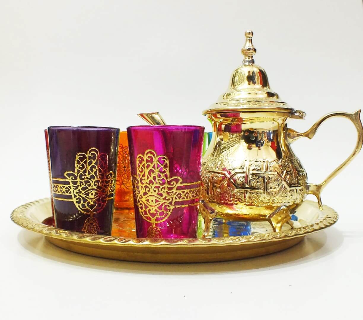 Brass Tea Set – Gold Engraved 8-Piece with Colorful Glasses image 6