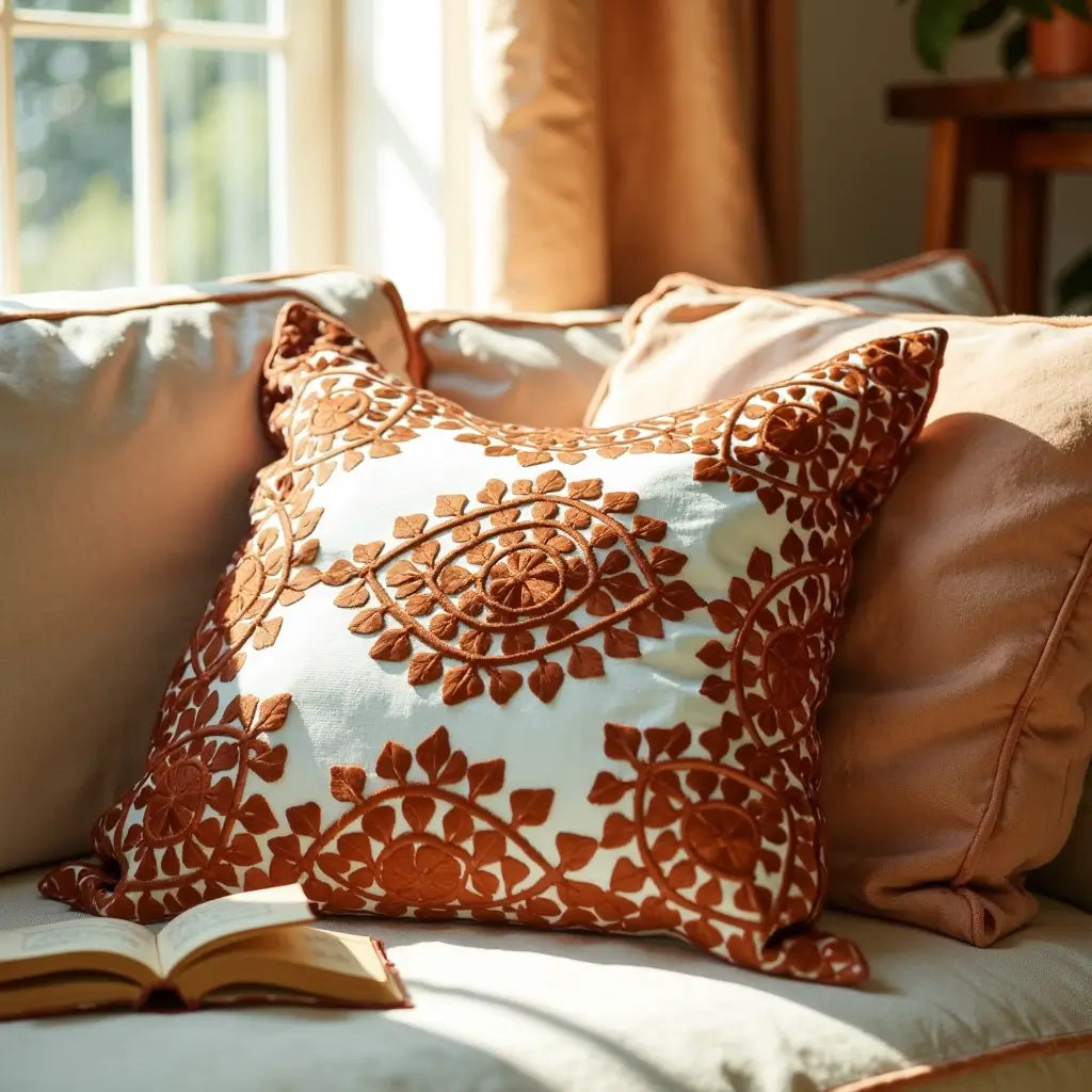 Burnt Orange Embroidered Pillow Covers Set – Handcrafted Cotton Cushions image 6