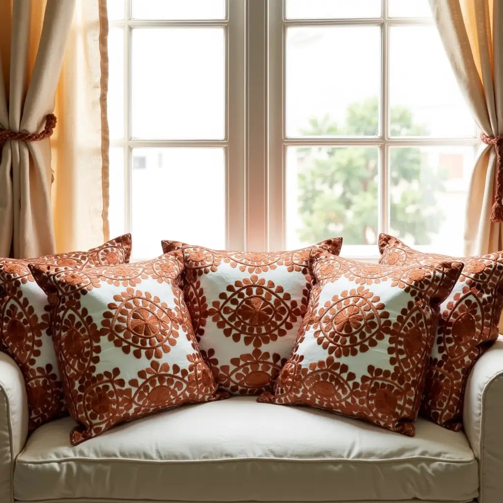 Burnt Orange Embroidered Pillow Covers Set – Handcrafted Cotton Cushions image 3