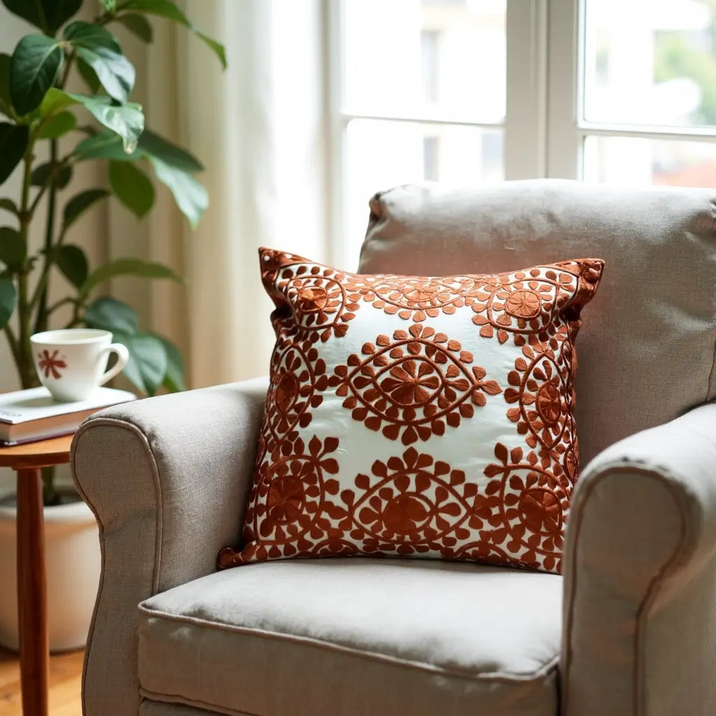 Burnt Orange Embroidered Pillow Covers Set – Handcrafted Cotton Cushions image 4