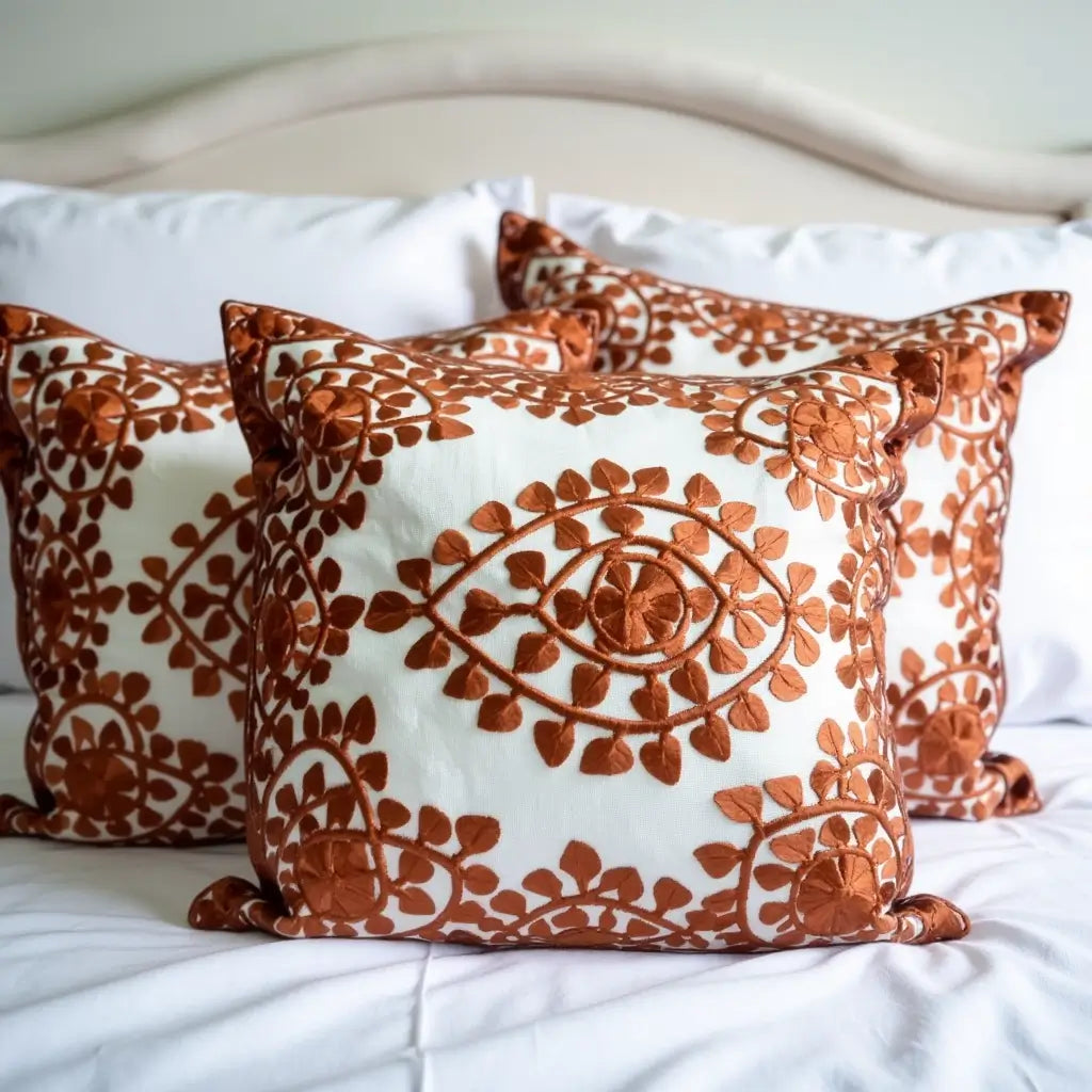 Burnt Orange Embroidered Pillow Covers Set – Handcrafted Cotton Cushions image 5