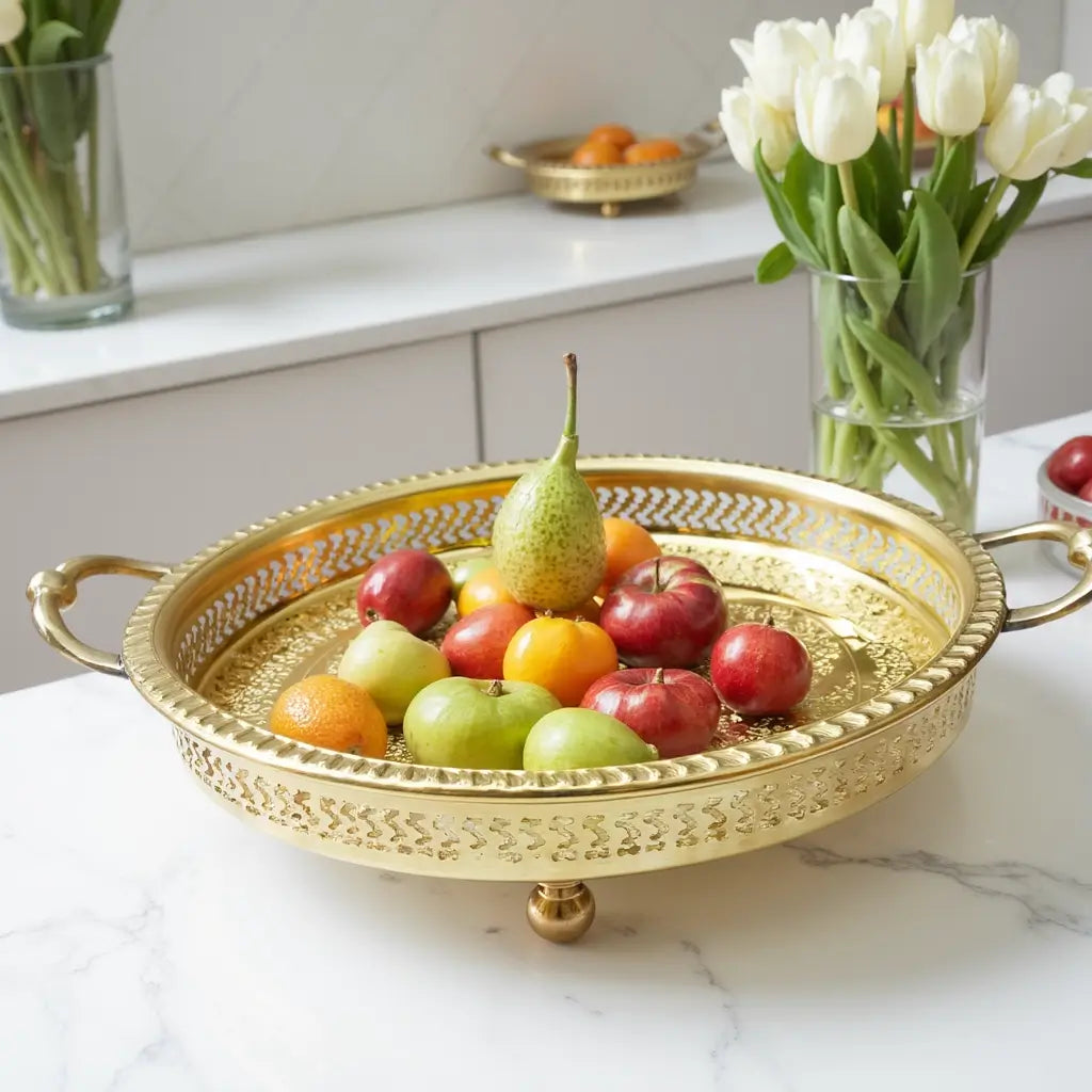 Hand-Engraved Silver-Plated Brass Serving Tray with Geometric Inlay image 5