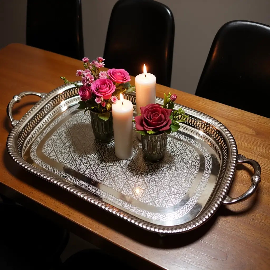 Hand-Engraved Oval Silver Serving Tray with Decorative Handles and Feet image