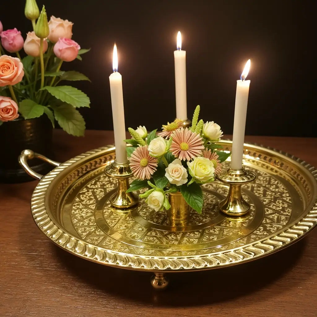 Hand-Engraved Silver-Plated Brass Serving Tray with Geometric Inlay image 10