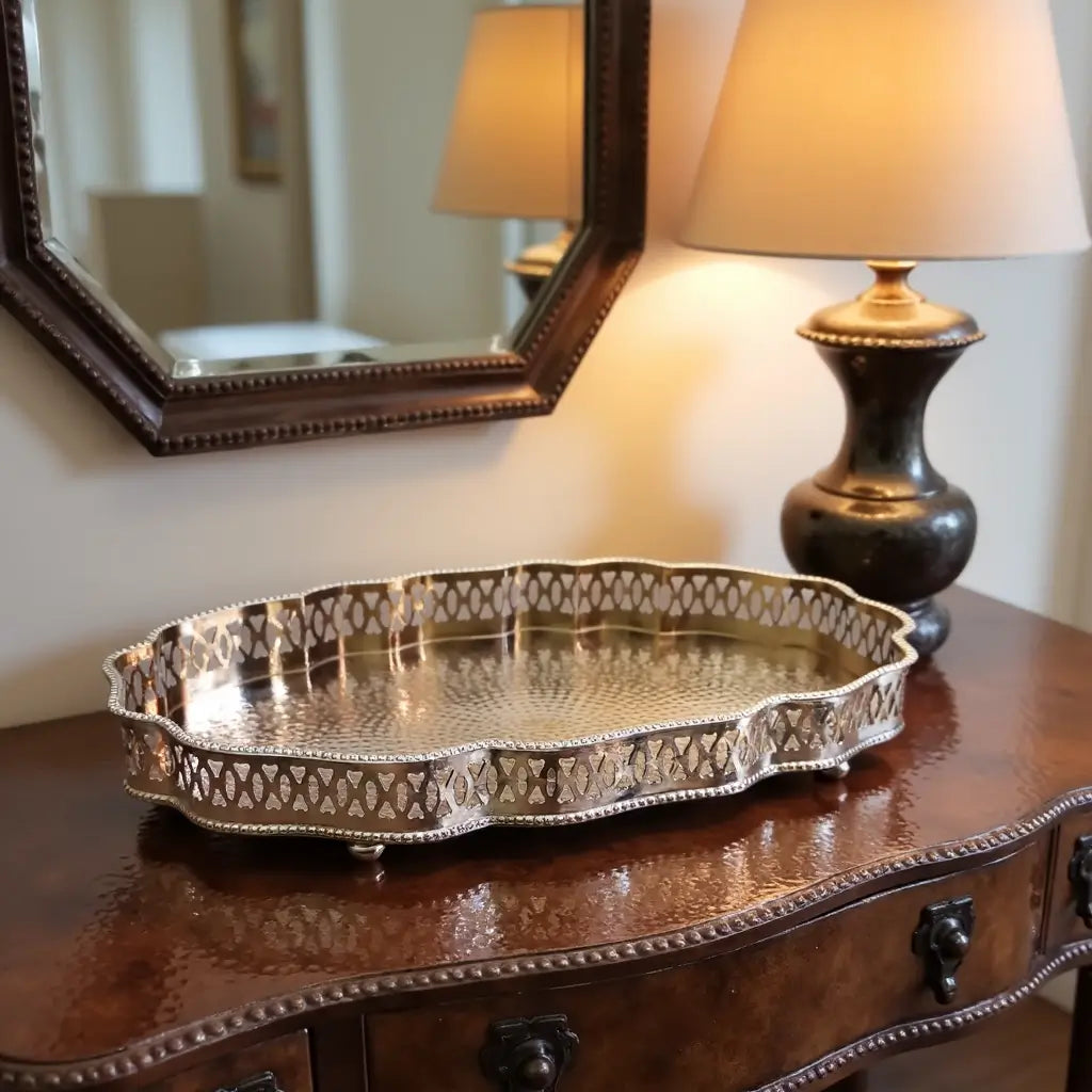Hand-Hammered Oval Silver Serving Tray with Ornate Filigree Border image 9