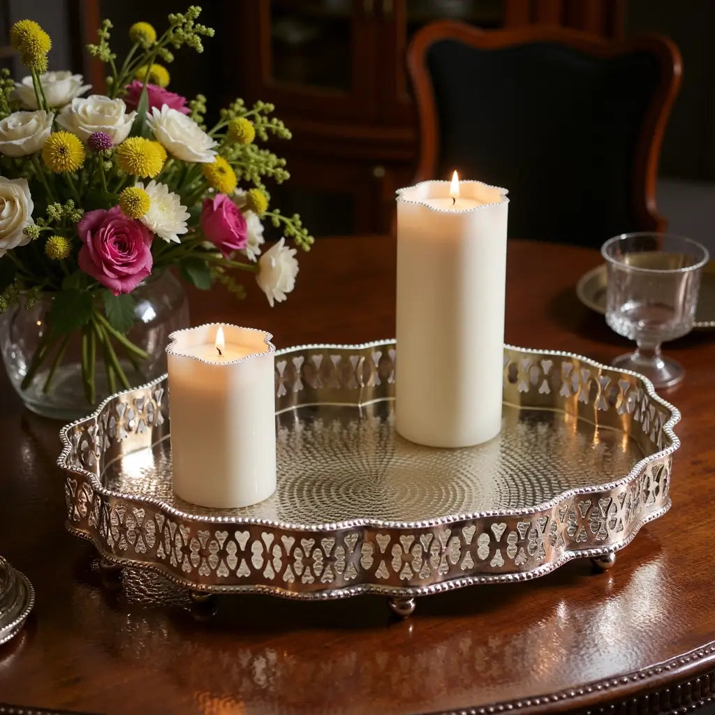 Hand-Hammered Oval Silver Serving Tray with Ornate Filigree Border image