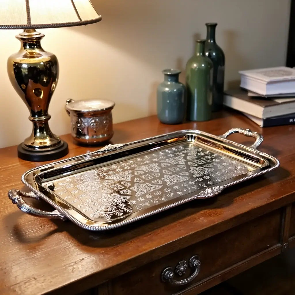 Hand-Engraved Silver-Plated Serving Tray with Ornate Handles – 3 Sizes image