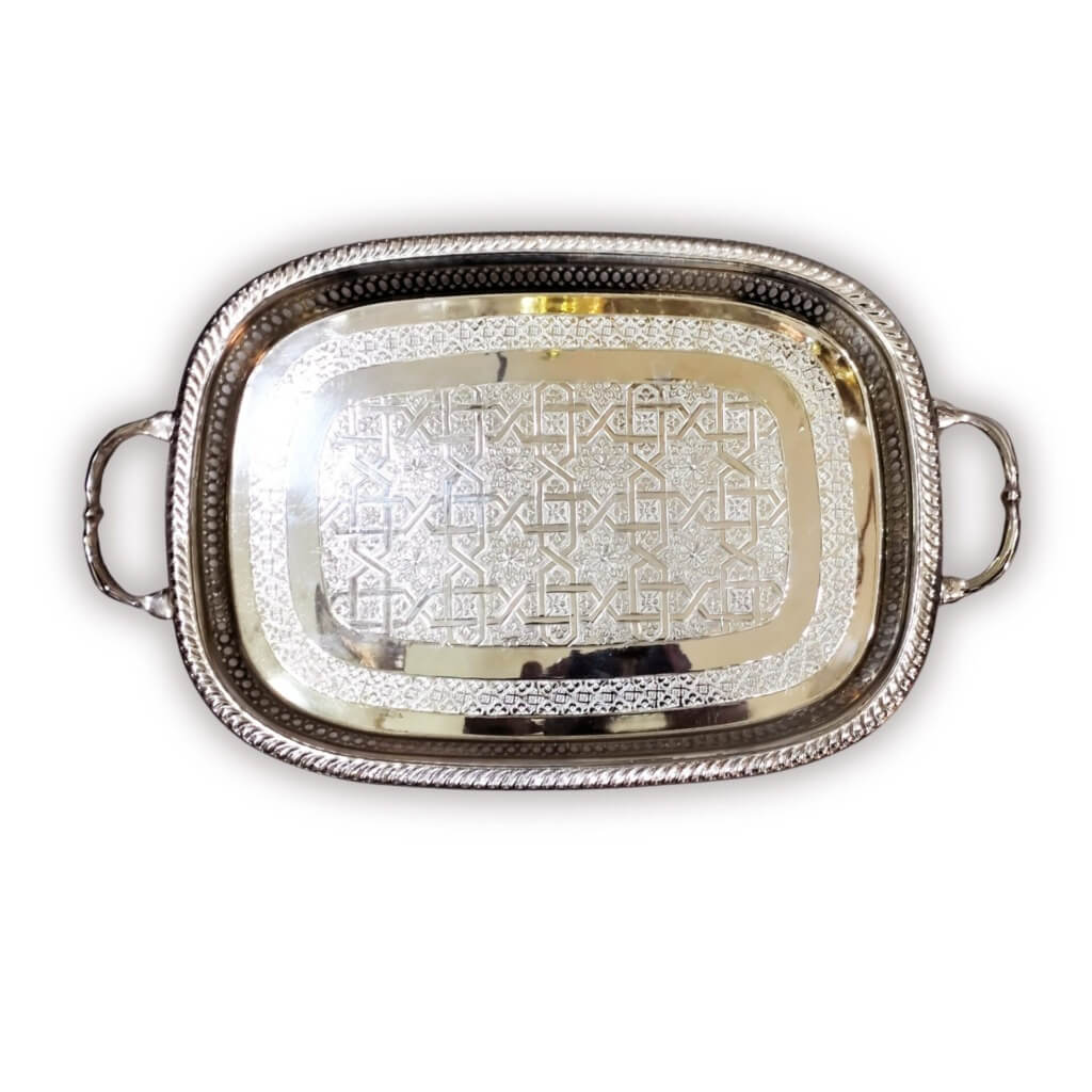 Hand-Engraved Oval Silver Serving Tray with Decorative Handles and Feet image 8