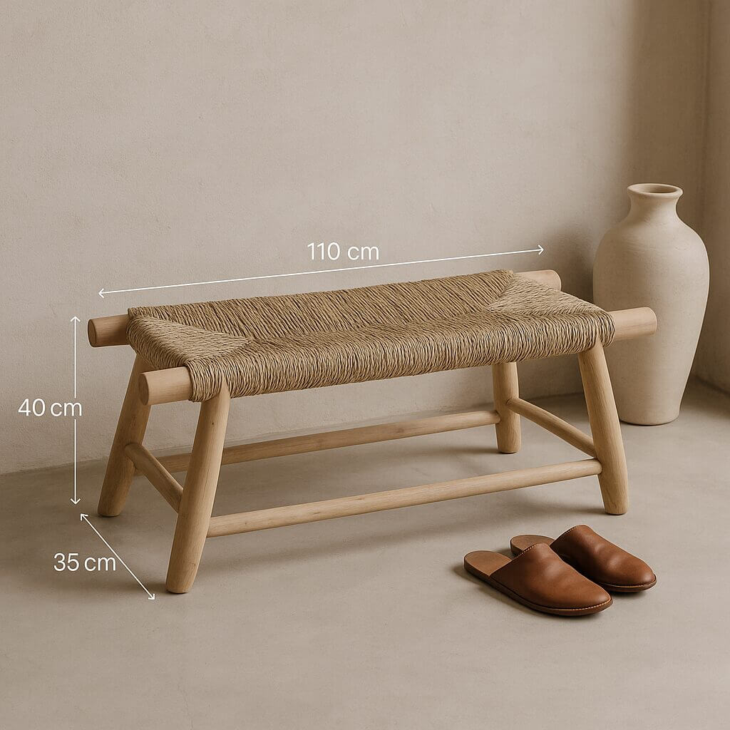 Handwoven Moroccan Straw Bench – Eco-Friendly Palm Leaf & Lemon Wood Seating image 7