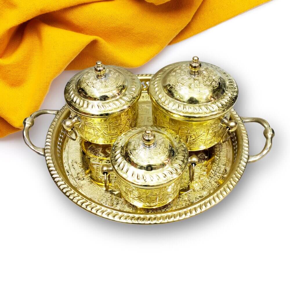 Hand-Engraved Brass Sugar Bowl Set – 4-Piece Collection with Serving Tray image 2