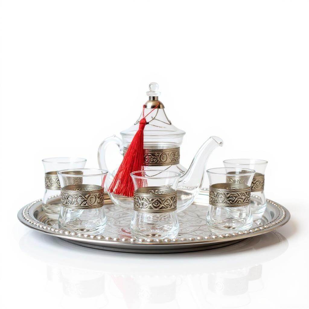 Silver Engraved Glass Tea Set – Handcrafted 6 Glass Service with Tray image