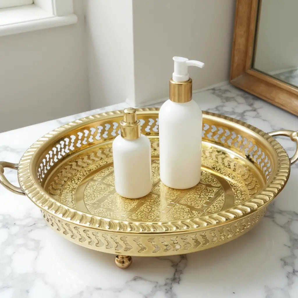 Hand-Engraved Silver-Plated Brass Serving Tray with Geometric Inlay image