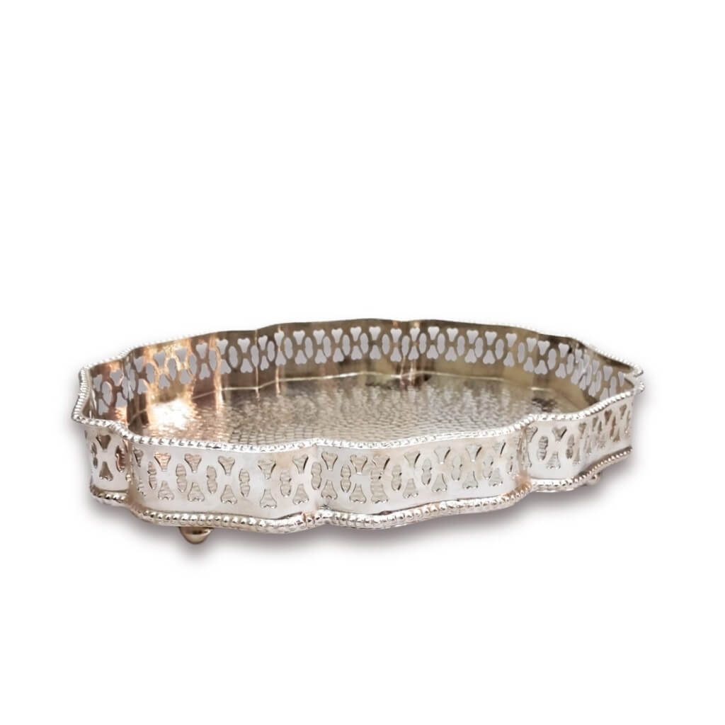 Hand-Hammered Oval Silver Serving Tray with Ornate Filigree Border image 13