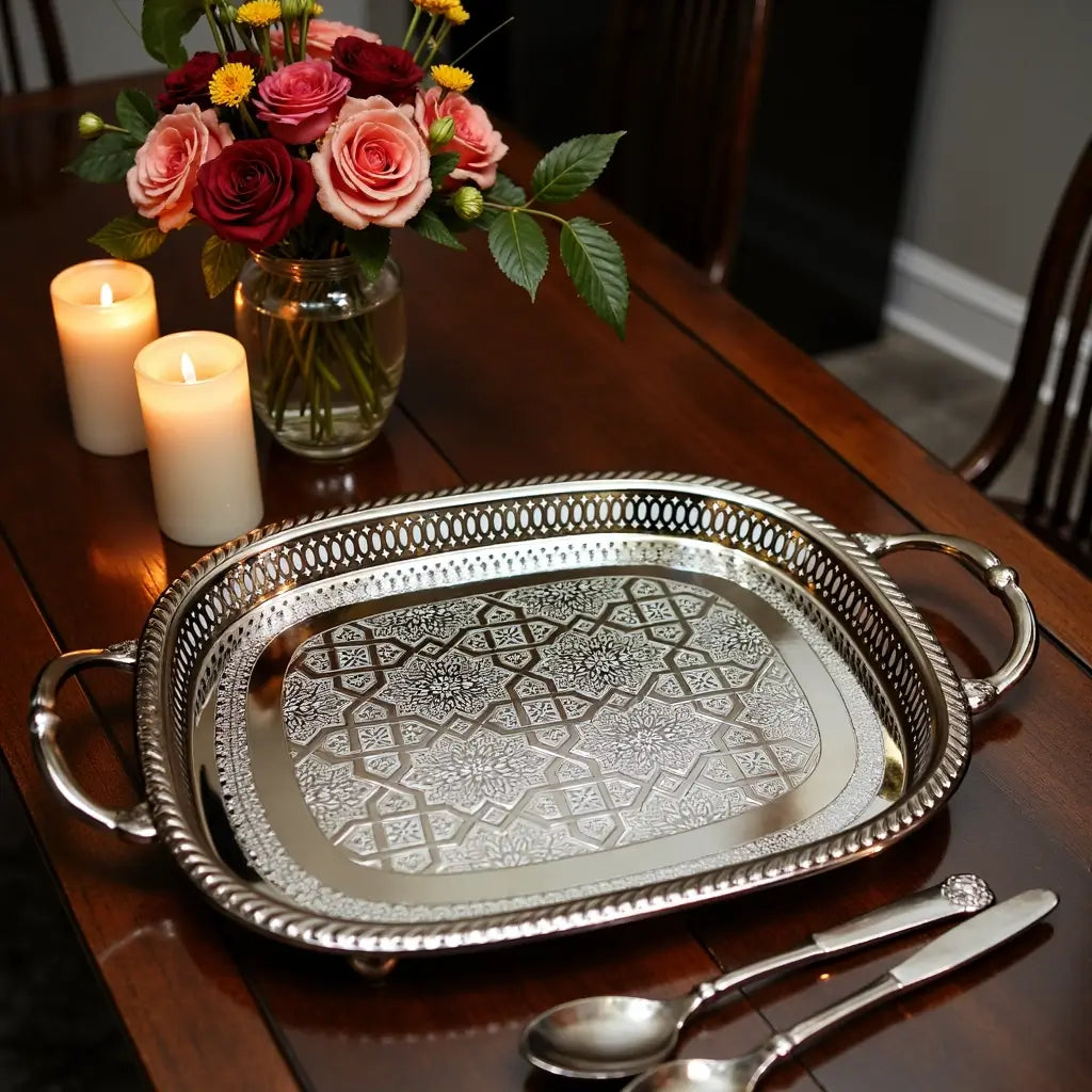 Hand-Engraved Oval Silver Serving Tray with Decorative Handles and Feet image 4