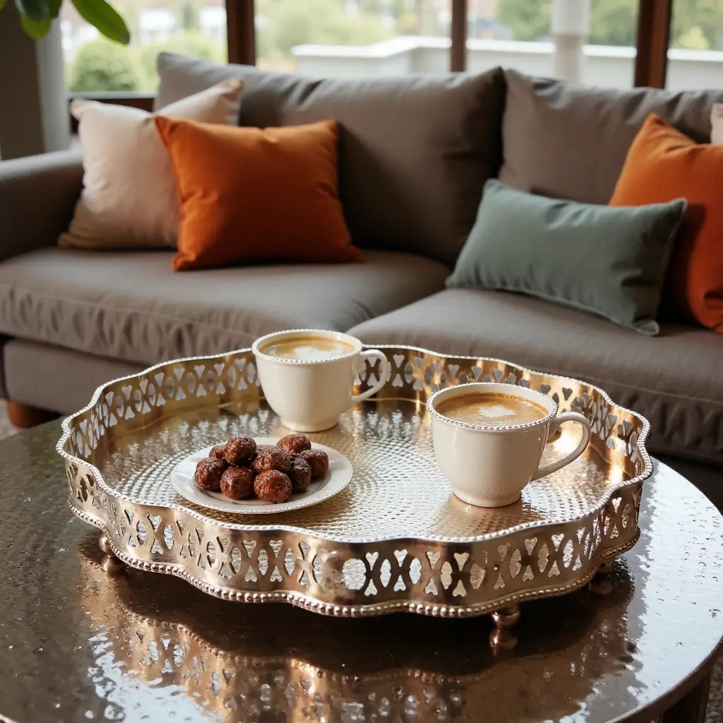 Hand-Hammered Oval Silver Serving Tray with Ornate Filigree Border image 5