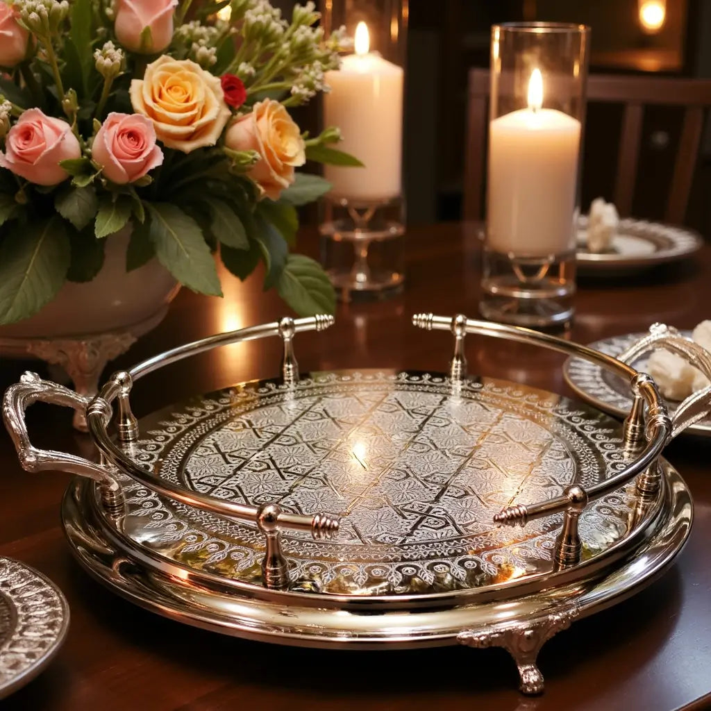 Hand-Engraved Silver Large Round Tray – Decorative Handles & Feet image
