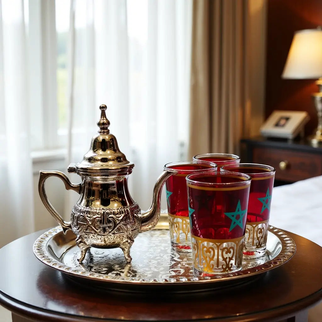 Silver-Plated Tea Set with Flag-Decorated Glasses – 5-Piece Service image 3