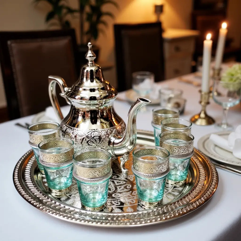 Silver Engraved Tea Set – 8-Piece Service with Turquoise Glass Holders image 5