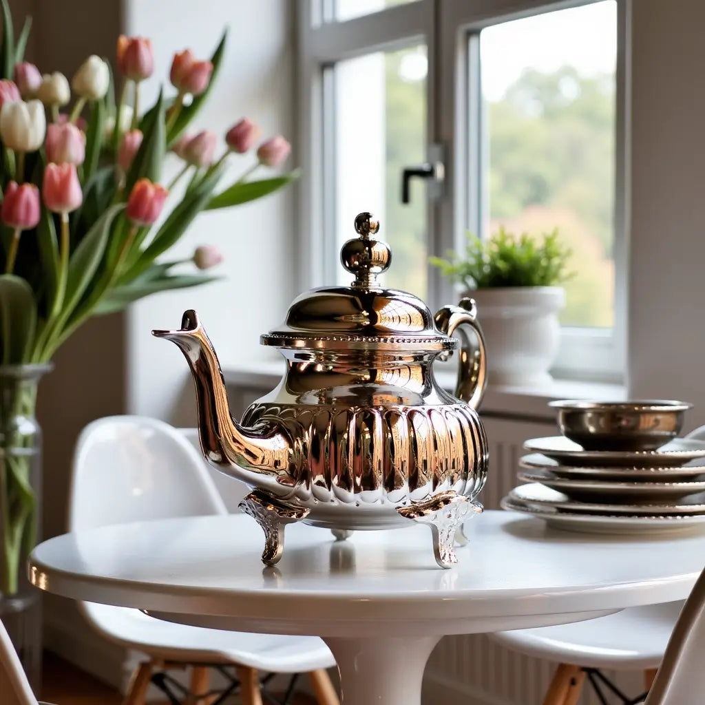 Handcrafted Ribbed Silver Teapot – Ornate Feet Design image 7