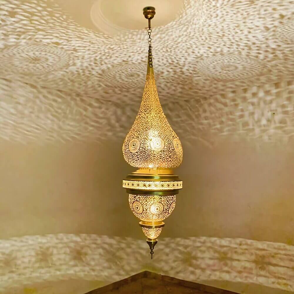 Tall Engraved Brass Pendant Lamp 130cm – Moroccan Palace Statement Light image