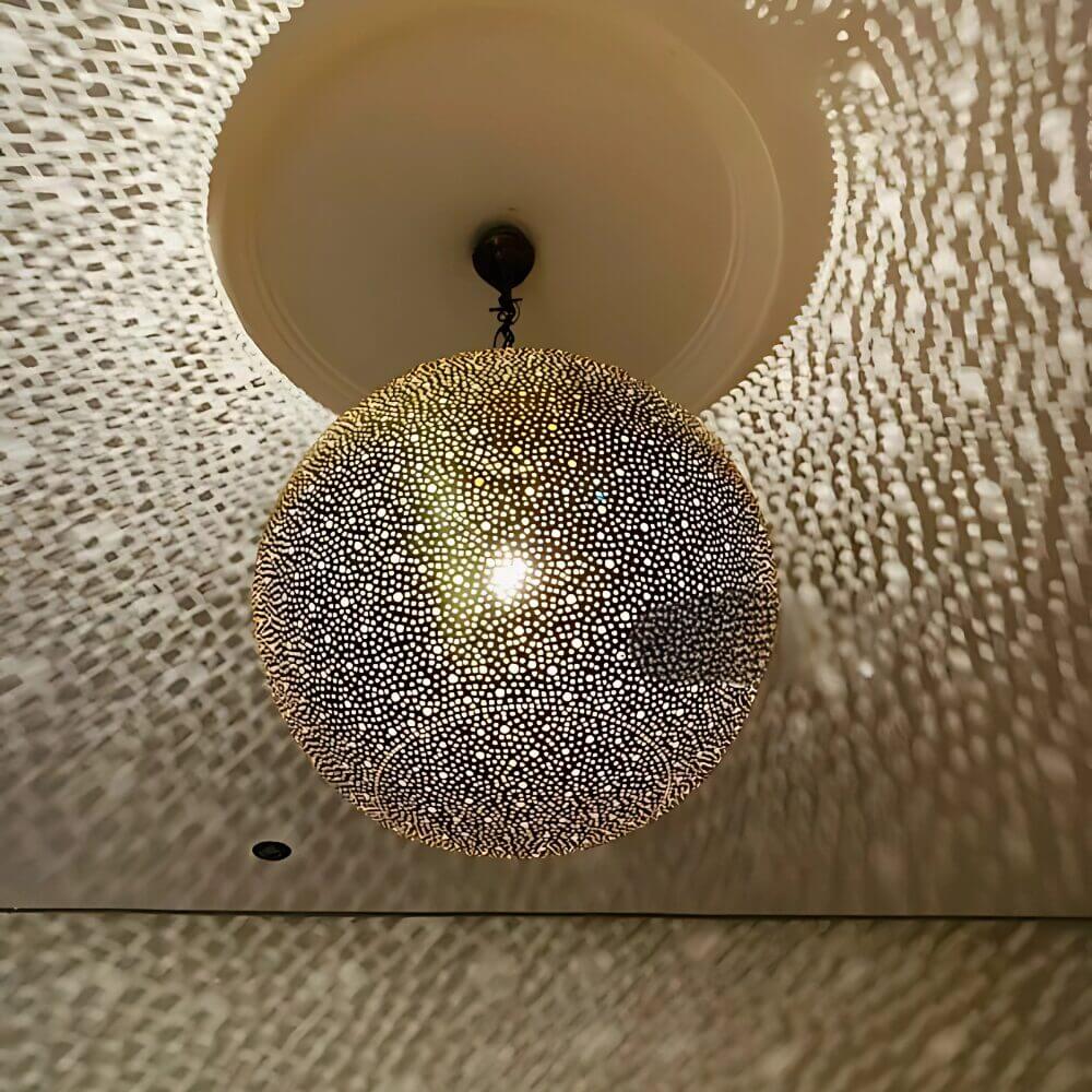 Engraved Brass Globe Pendant – Hand-Perforated Moroccan Sphere Light image 3