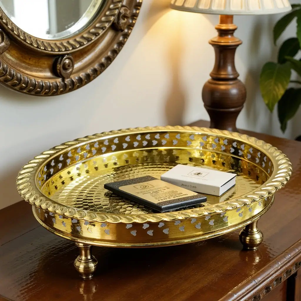 Hand Hammered Circle Tray with Feet – Traditional Silver-Plated Brass image