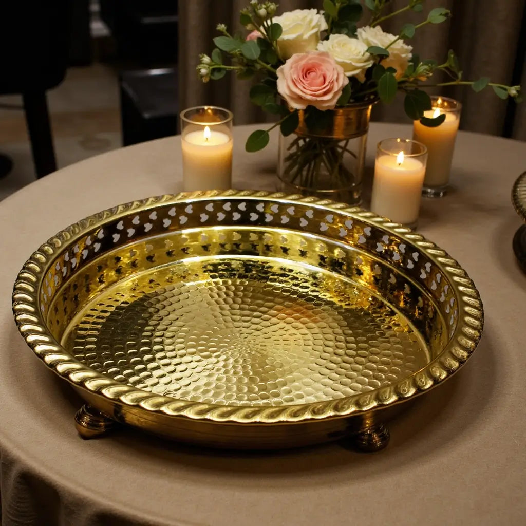 Hand Hammered Circle Tray with Feet – Traditional Silver-Plated Brass image 8