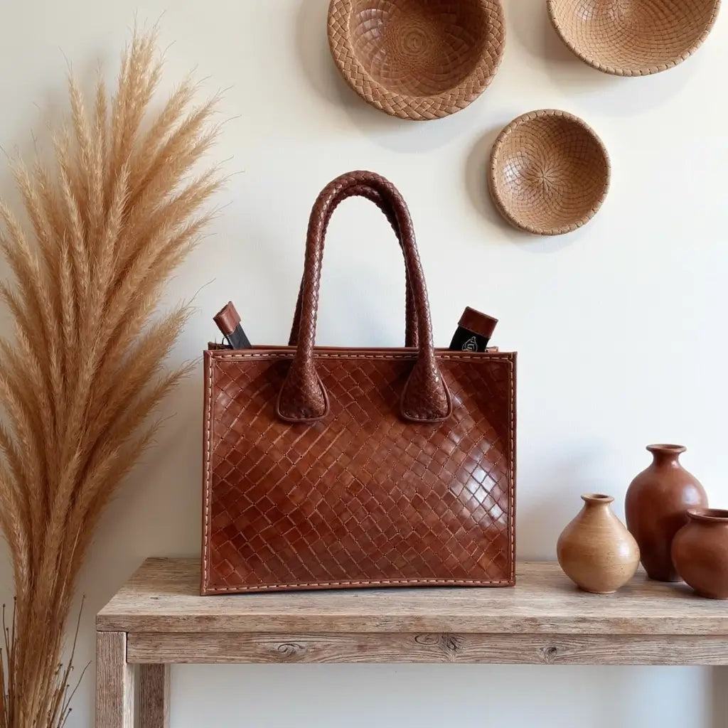 Woven Leather Tote Bag – Handcrafted Basketweave Handbag image 6