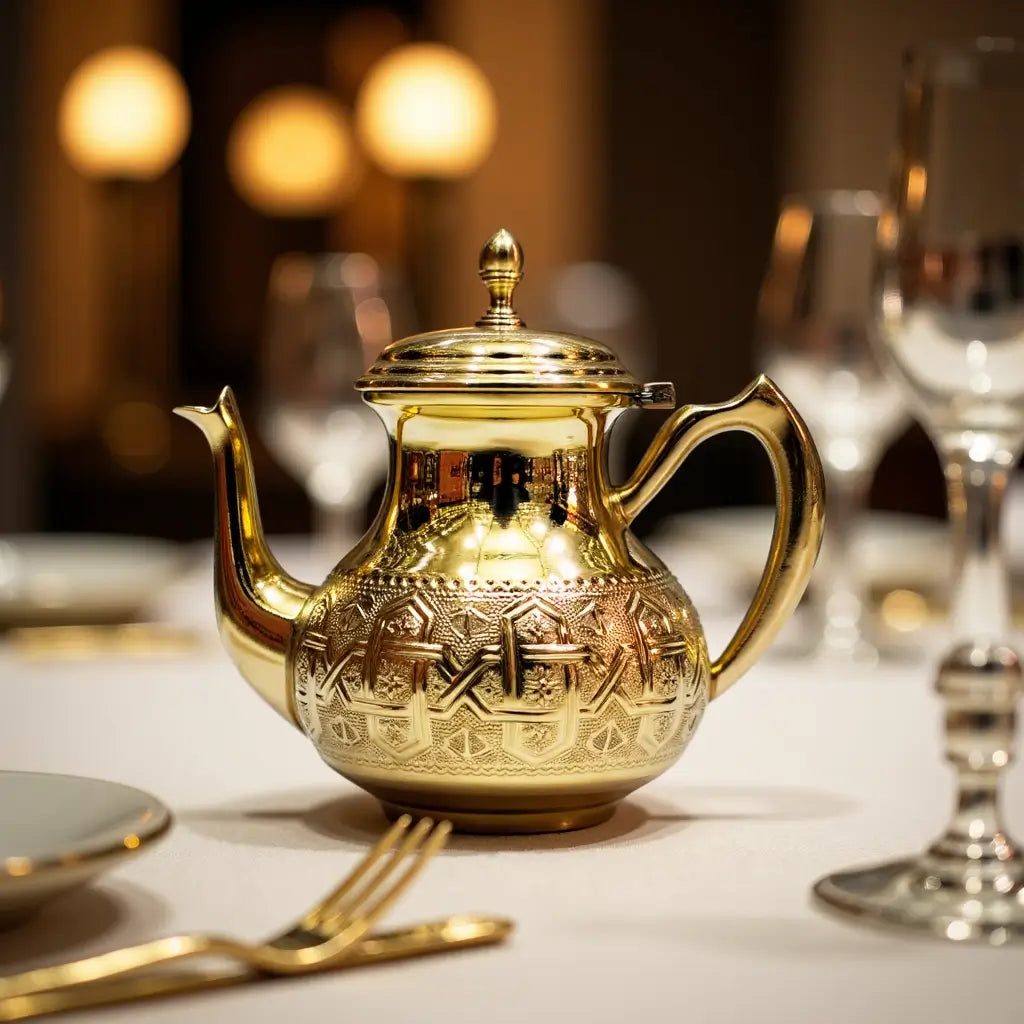 Hand-Engraved Gold Brass Teapot – Traditional Moroccan Design image