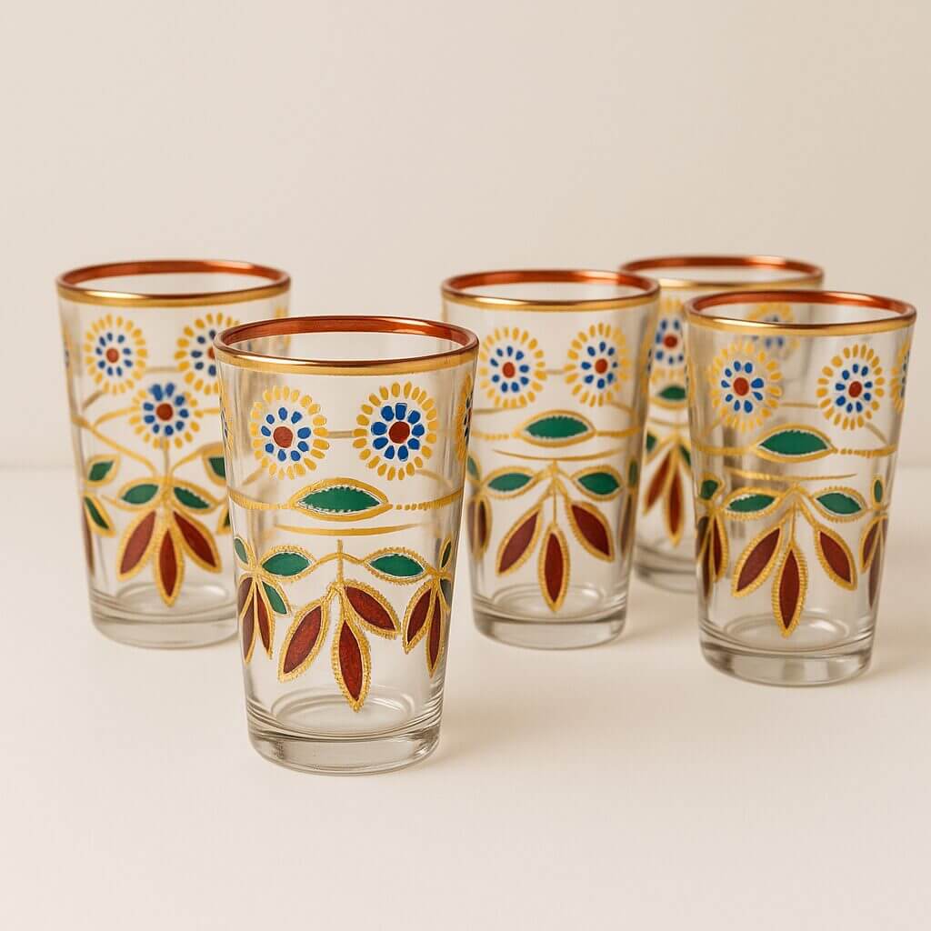 Hand-Painted Floral Tea Glasses Set of 6 – Gold Rim Moroccan Style image