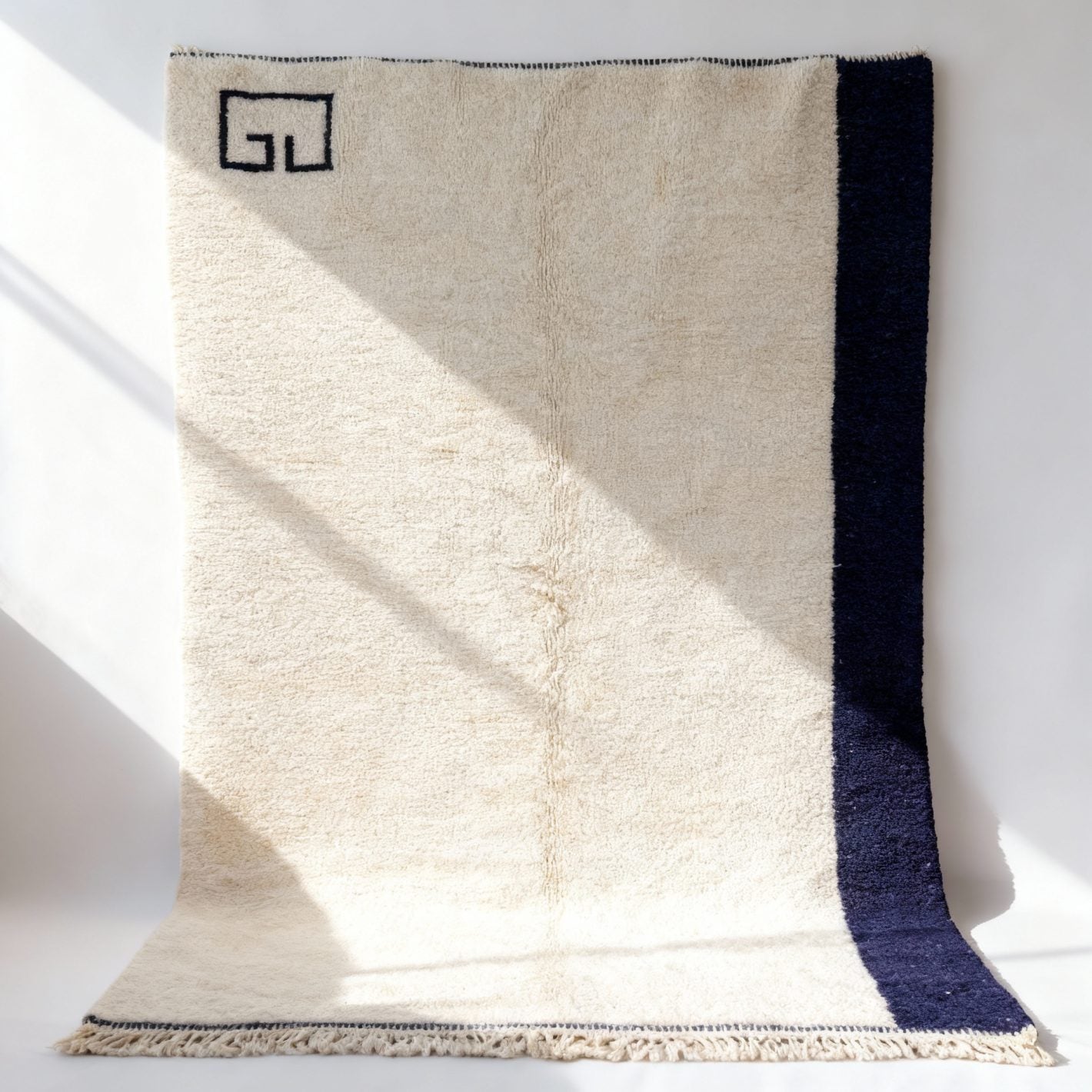 Modern Minimalist Wool Rug – Navy Border & Greek Key Design image