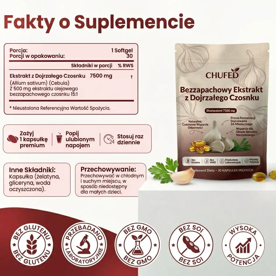 Ekstrakt ze starzonego czosnku – 7500 mg bezzapachowe kapsułki żelowe