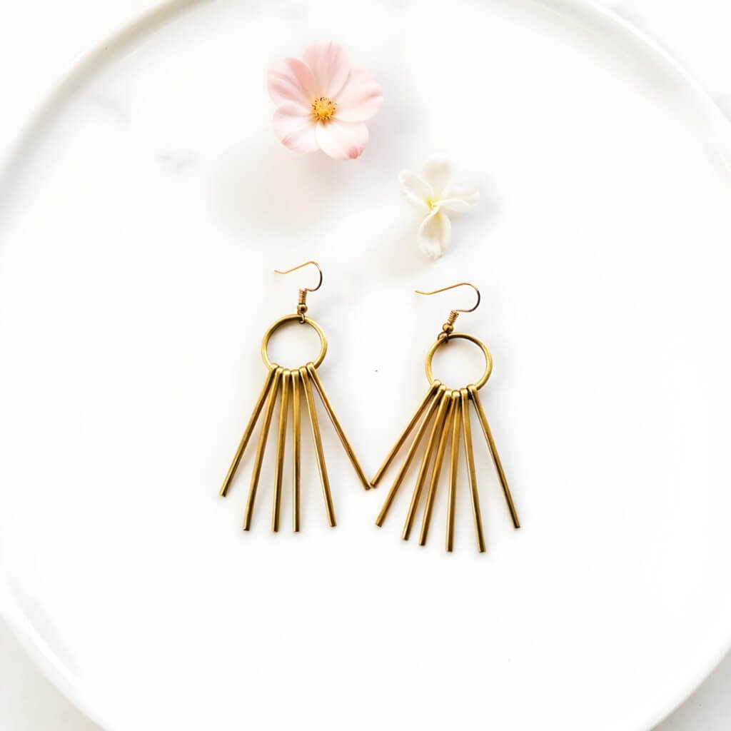 Handmade Brass Fringe Earrings – Gold Sunburst Stick Drop Design image