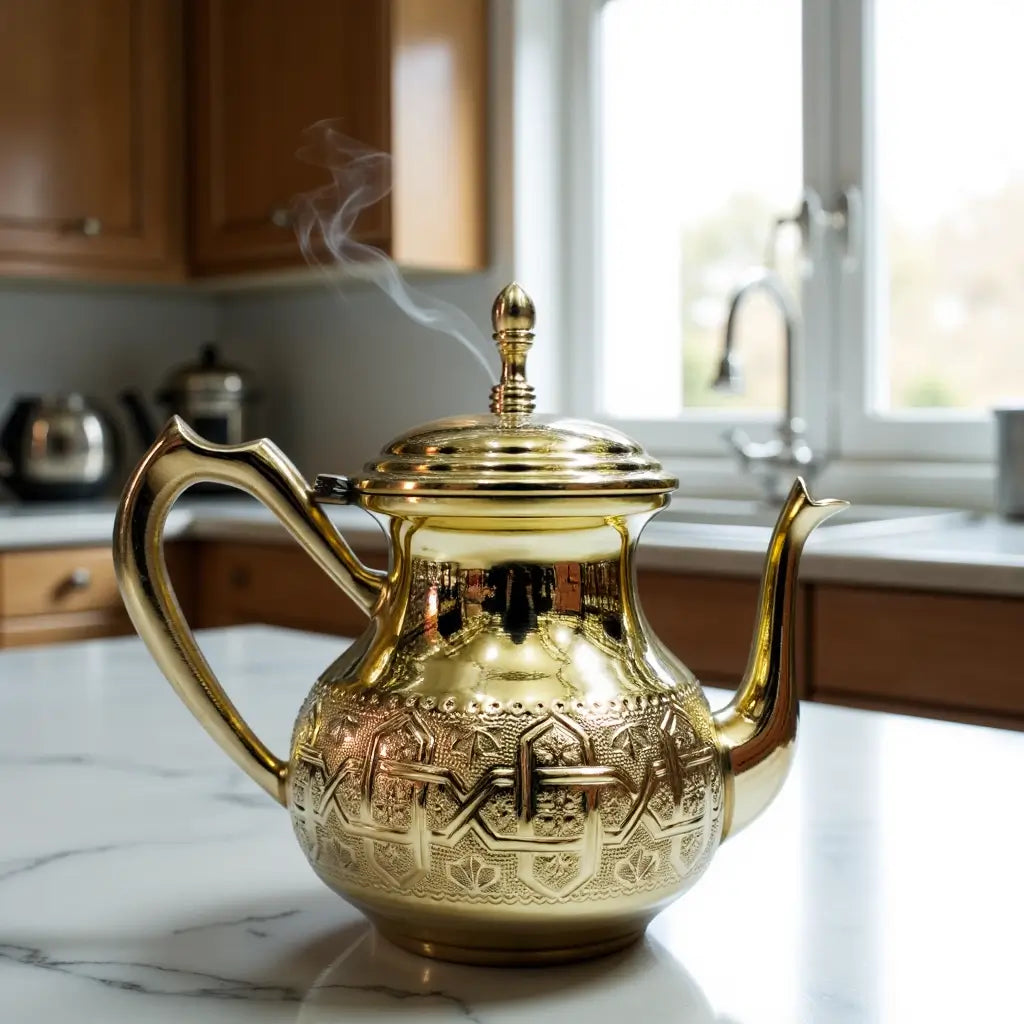 Hand-Engraved Gold Brass Teapot – Traditional Moroccan Design image 3